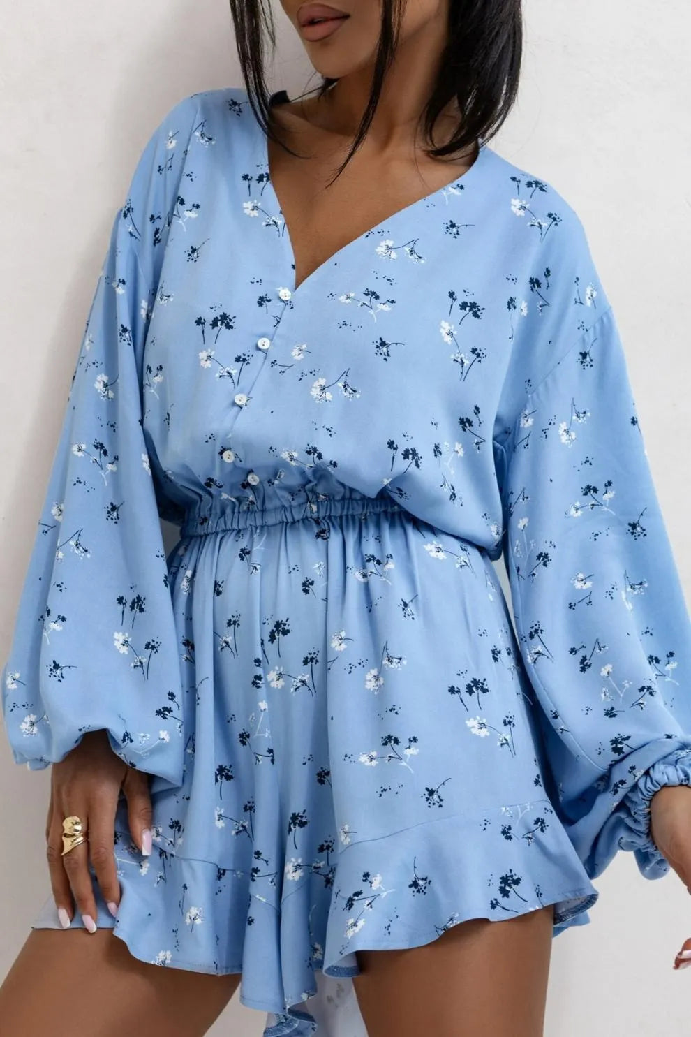 Printed V-neck Long Sleeve Jumpsuit