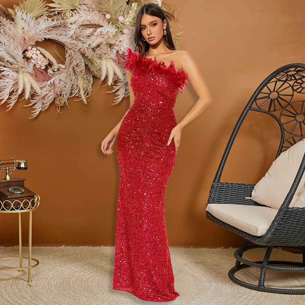 Feather Stitching Sequin Sexy Evening Dress Women