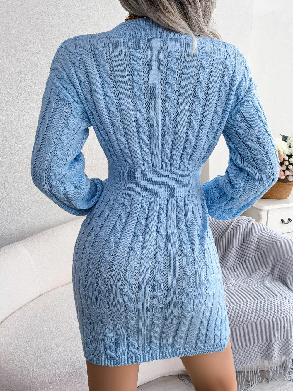 Solid Color V-Neck Long Sleeve Knit Dress Ins Fashion Slim Waisted Hip Dress Womens Clothing