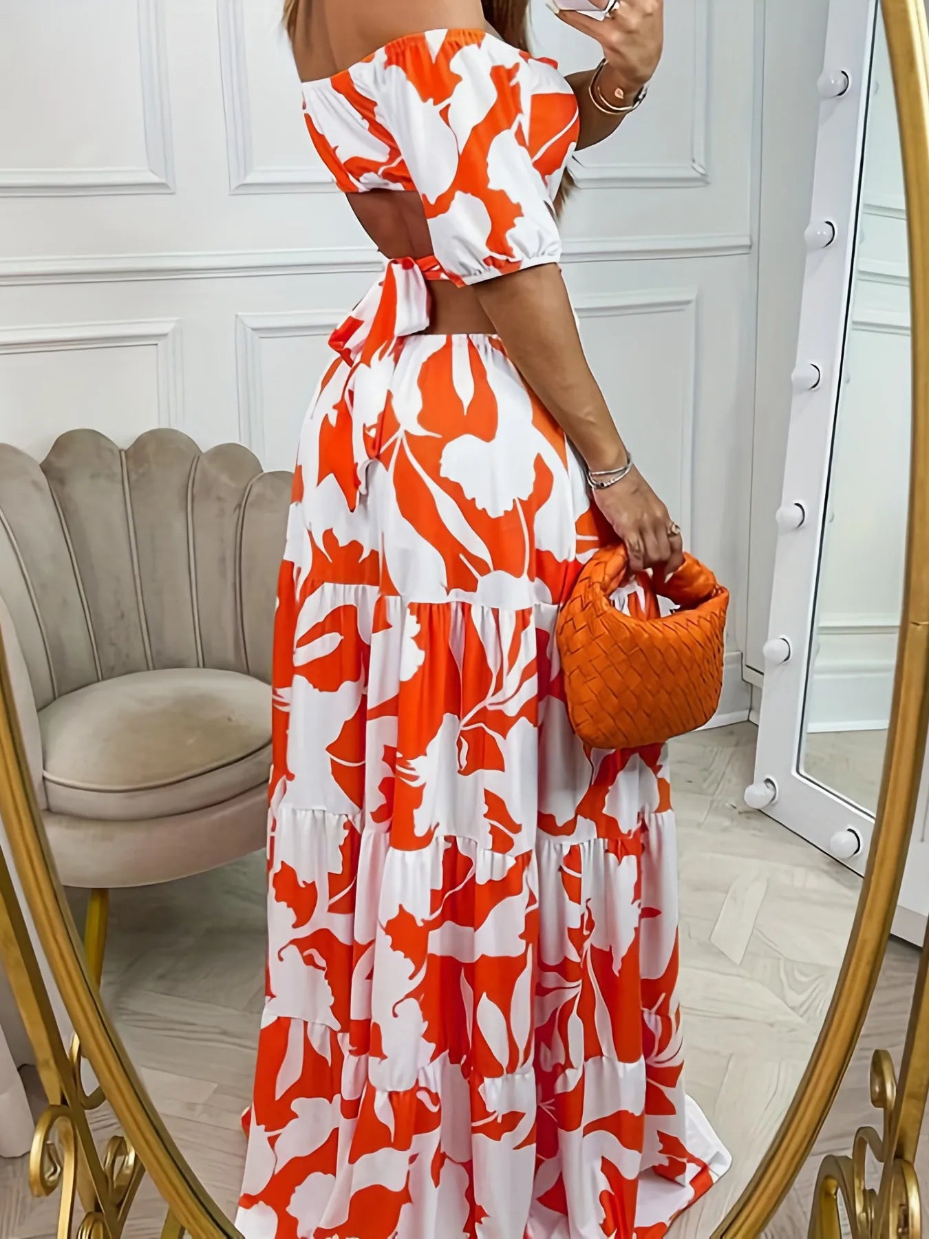 Printed One-line Collar Short-sleeved Long Dress With Hollow Waist Design Summer Vacation Dresses For Women Clothing