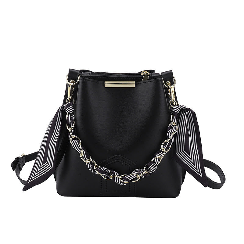 Leather Bucket Tote Bag with Chain Sling Handle