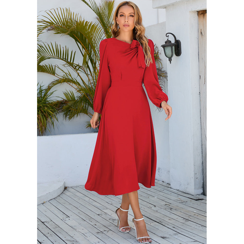 Autumn And Winter Long Sleeve Round Neck Bowknot Dress