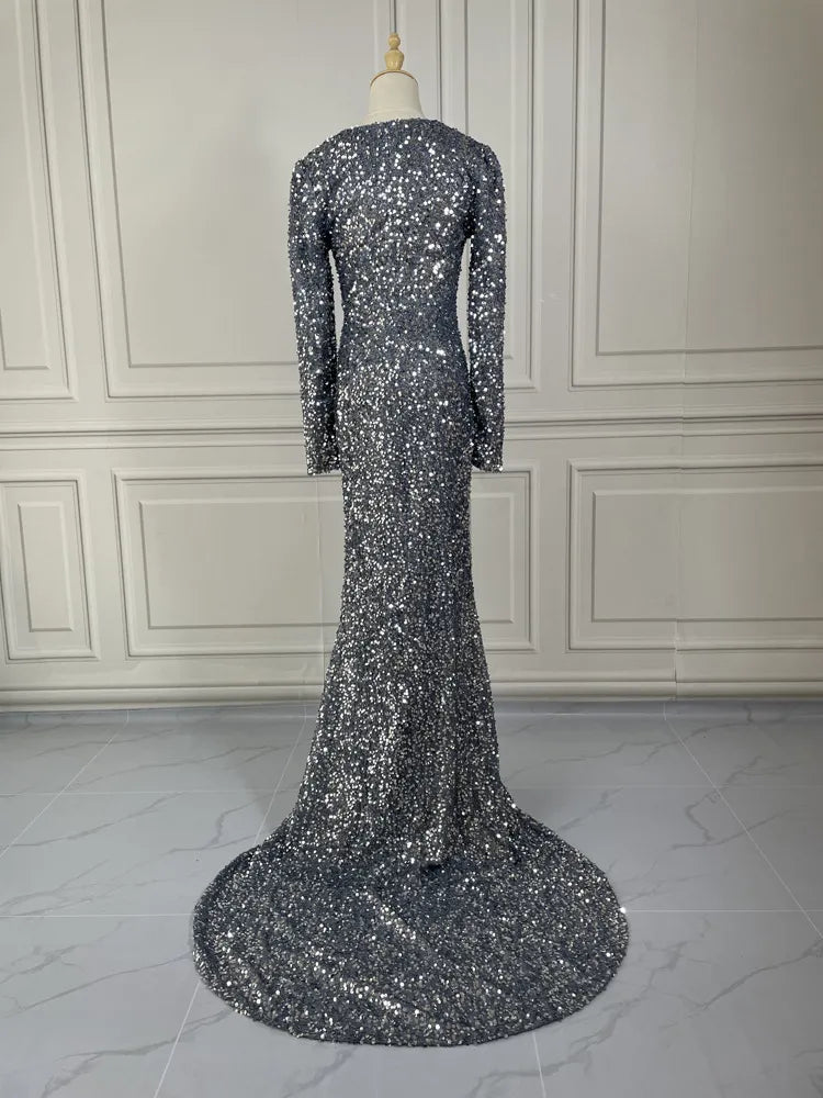 Elegant Long Sleeve Sequin Gown for Evening Parties