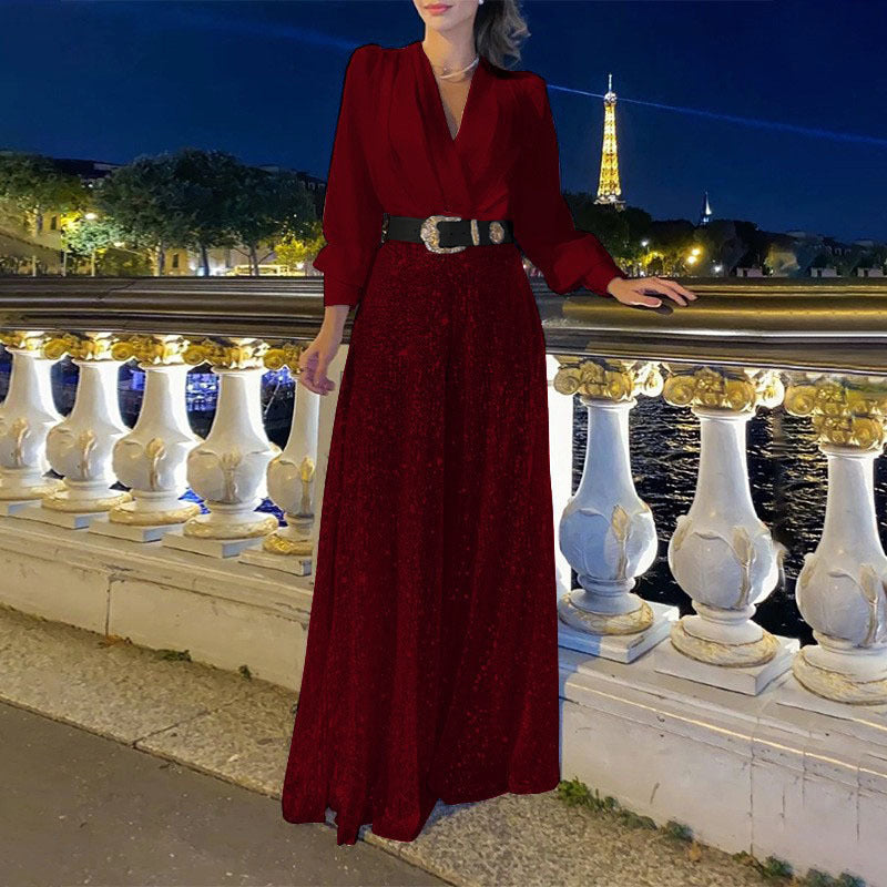 V-neck Elegant Waist Slimming Sequined Ladies