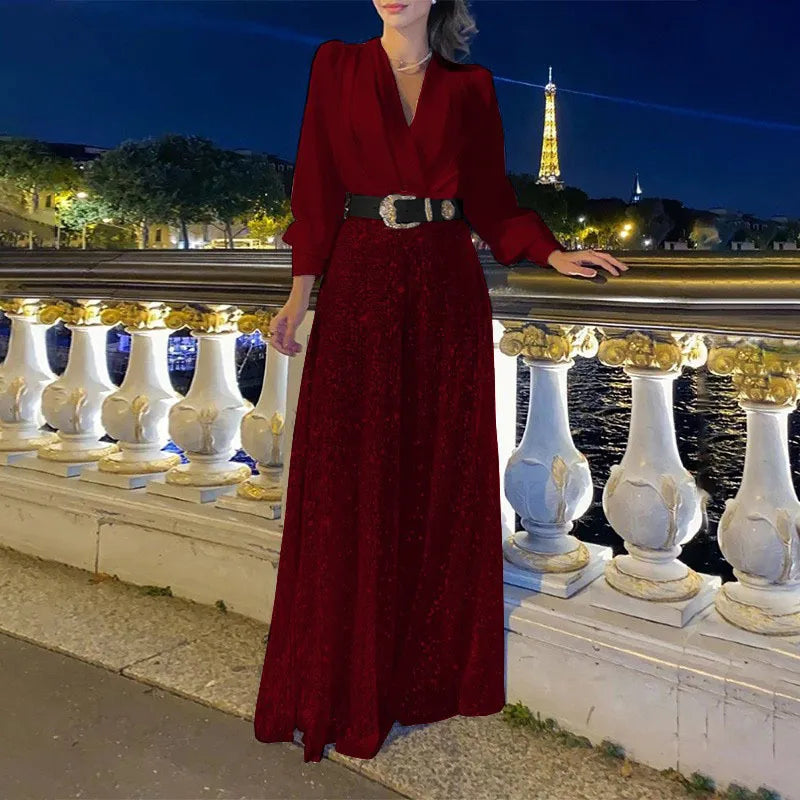 V-neck Elegant Waist Slimming Sequined Ladies