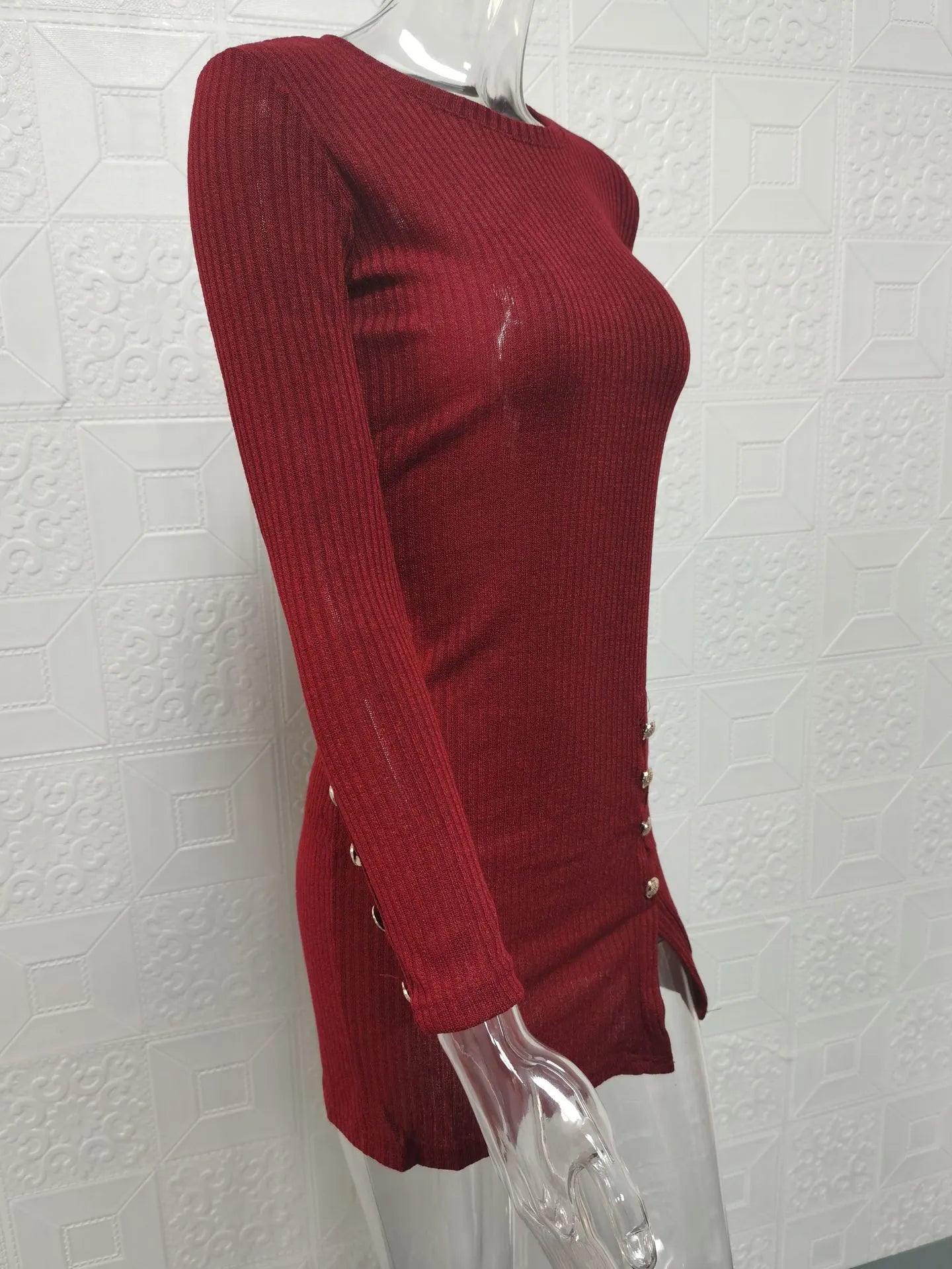 Button Sexy Hip Skirt Long Sleeve Dress