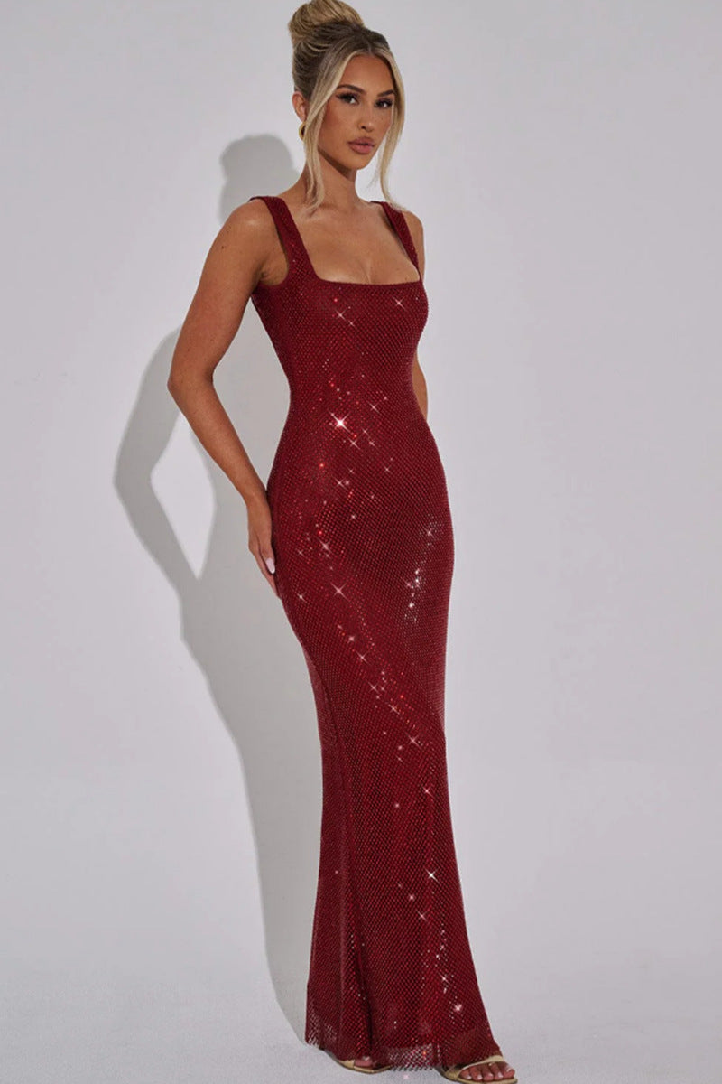 Sexy Double-shoulder Strap Sequins Net Drill Suspenders Dress