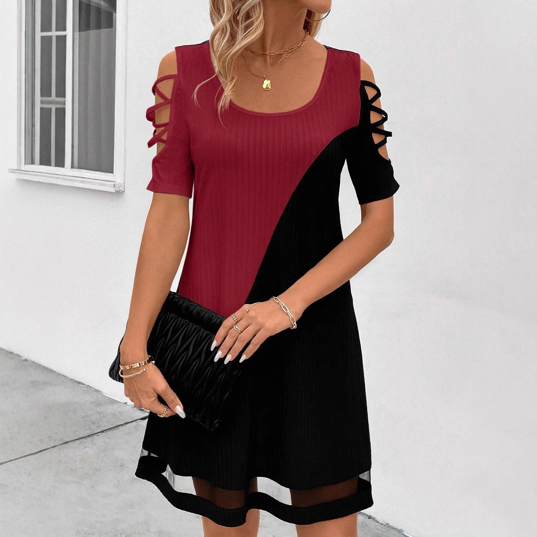 Women's Color Matching Hollow Out Mesh Midi Dress