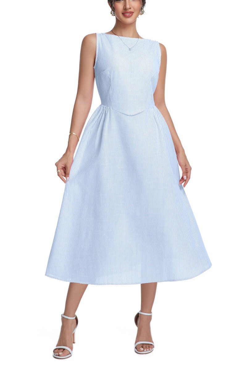 Women's Striped Sleeveless Zipper Princess Dress