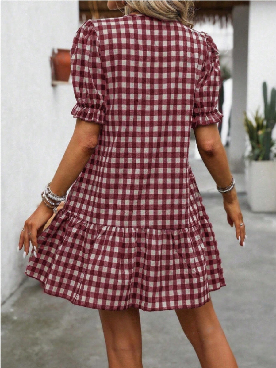 Plaid Drawstring Puff Sleeve Bohemian Dress