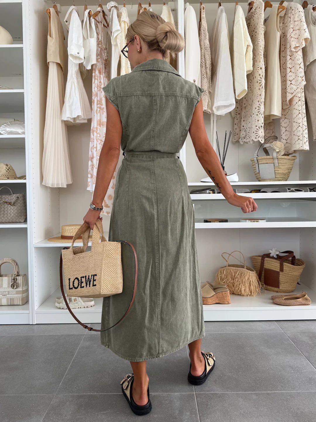 Women's Casual Sleeveless Lace-up Long Dresses Fashion Pockets Solid Party Office Elegant Lapel Single Breasted Denim Dress Summer