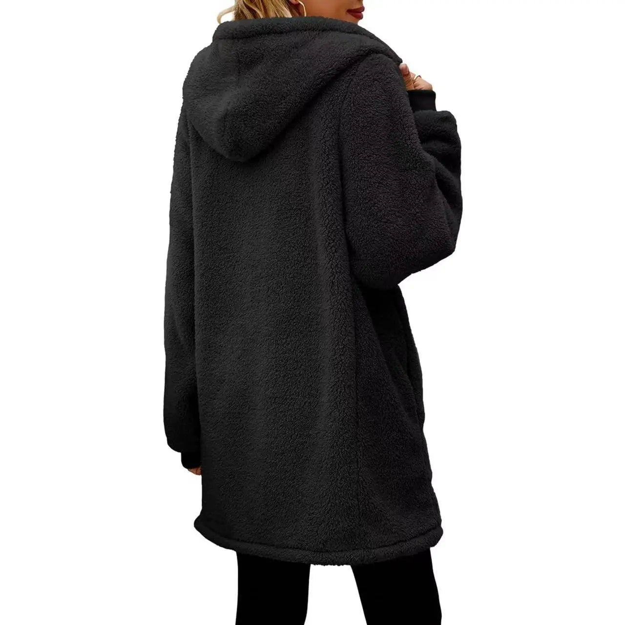 Loose Plush Women's Long Sleeve Hooded Zip Cardigan Coat