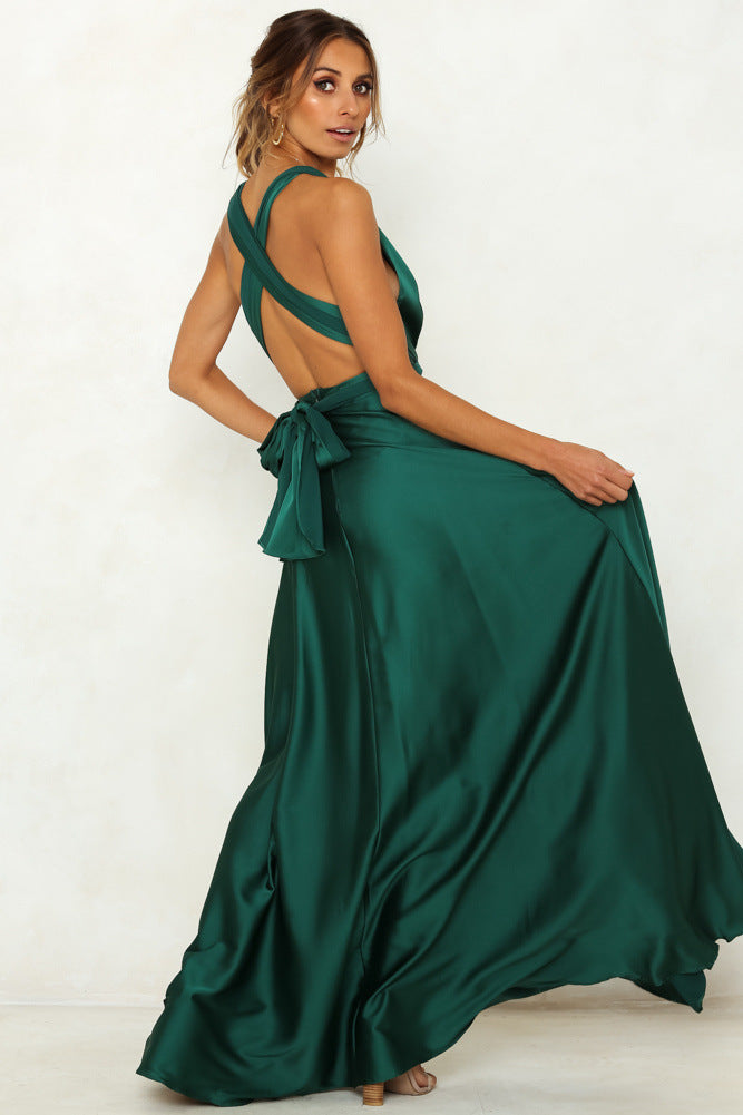 Deep V-neck Sleeveless Lace-up Sexy Backless High Waist Large Swing Satin Dress