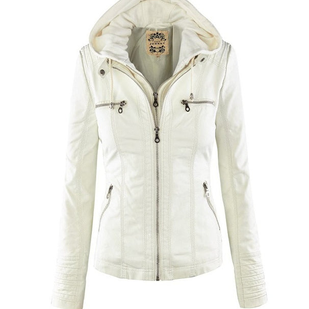 Women's Detachable Lapel Long Sleeve Solid Color Zipper Leather Jacket Coat