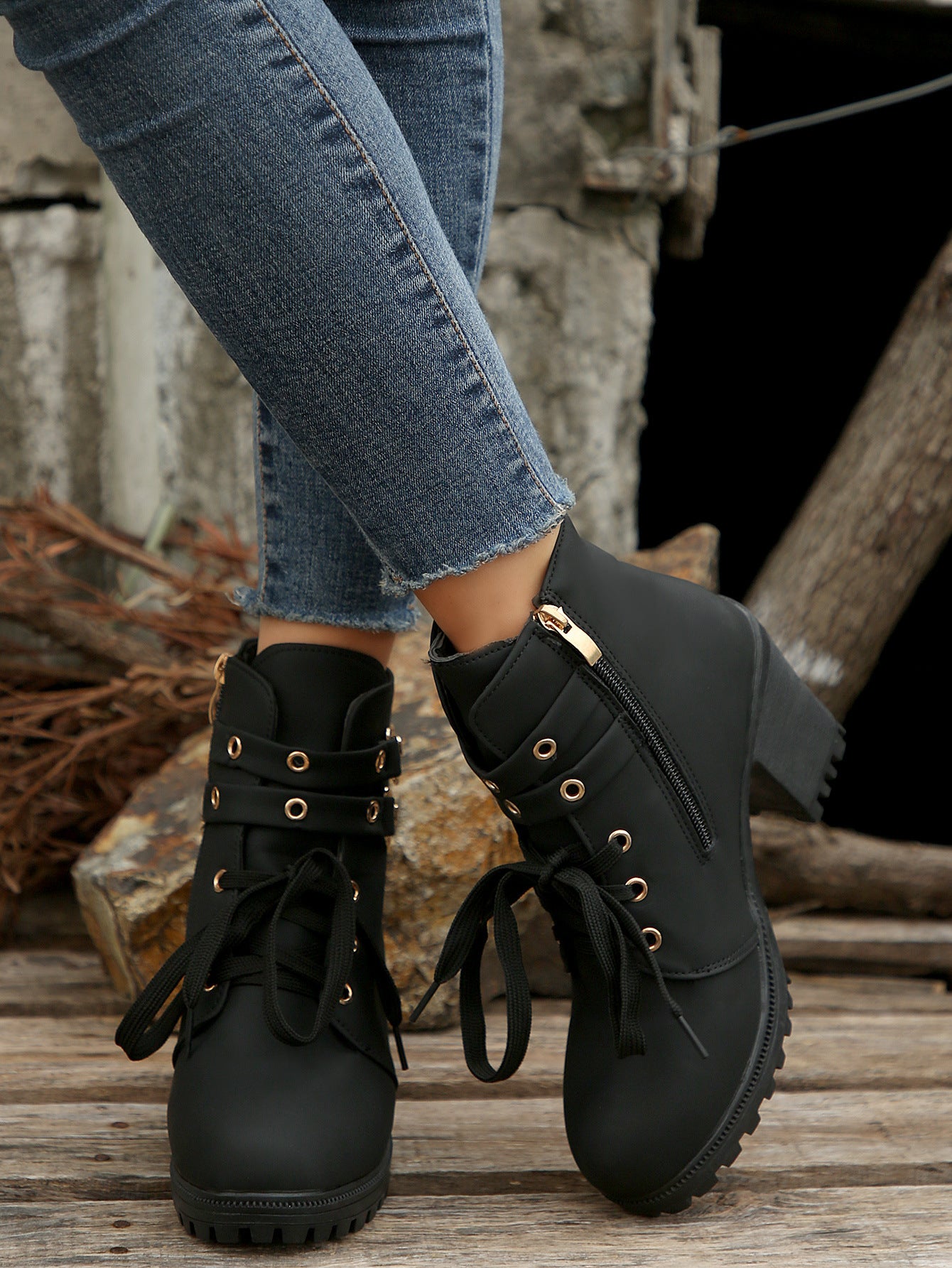 Autumn Round Head Chunky Heel High Heel Leisure Platform Lace Up Booties