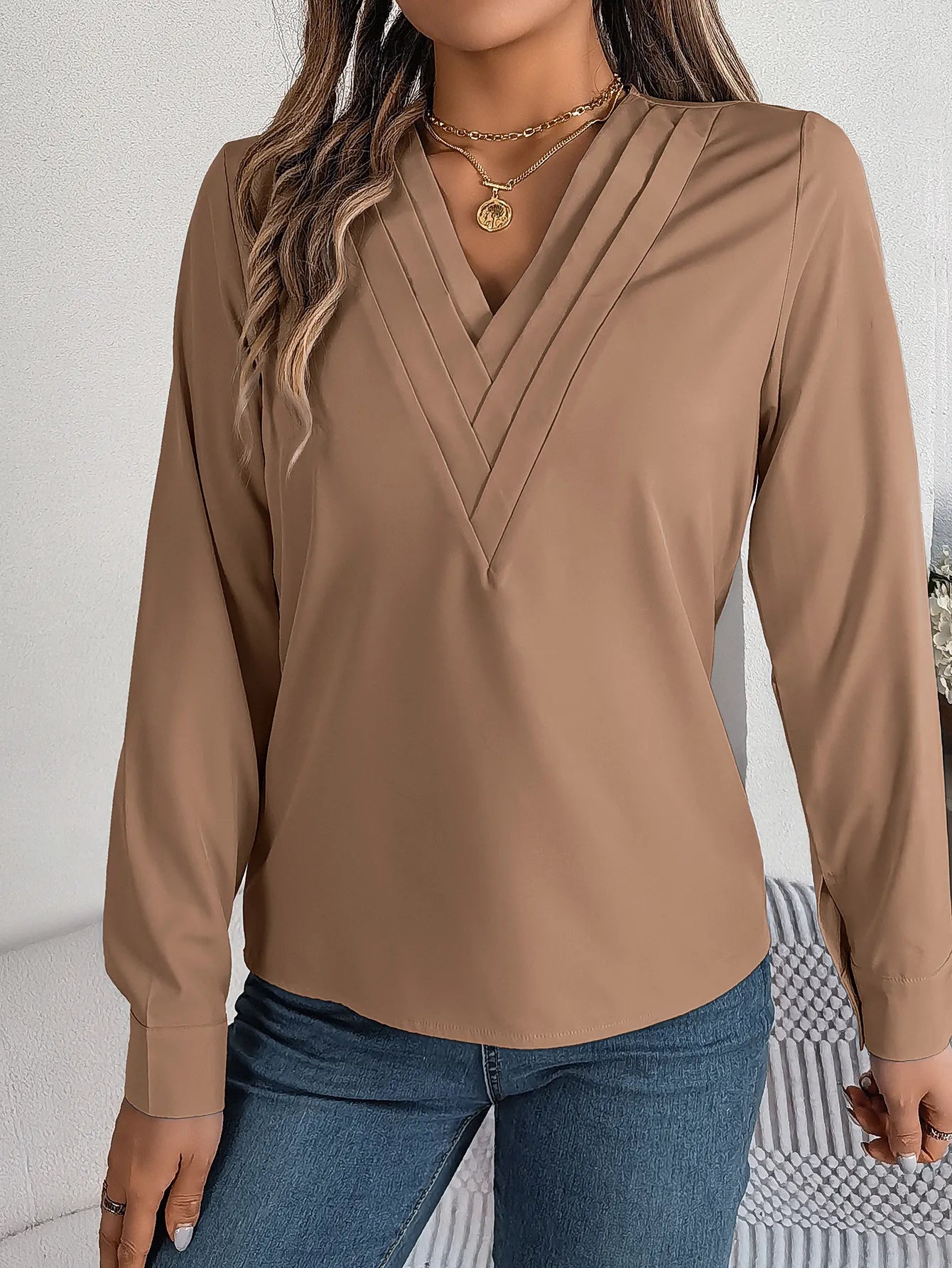 Fashion V-Neck Long Sleeve Shirt Elegant Commuter Solid Blouse Office Women's Clothing