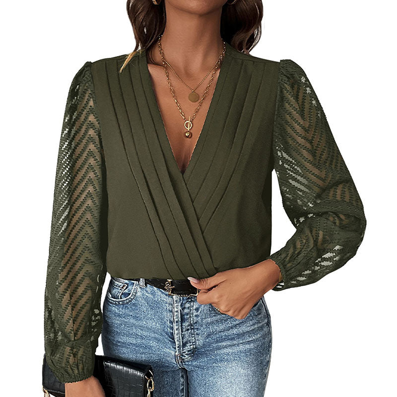 All-matching Solid Color And V-neck Pleated Lace See-through Long-sleeved Top