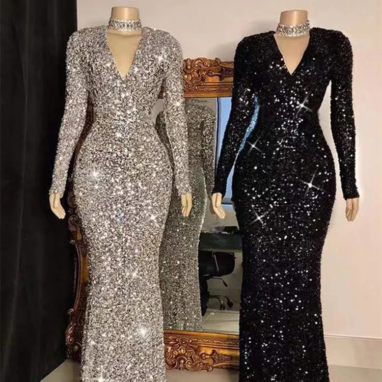 Elegant Long Sleeve Sequin Gown for Evening Parties