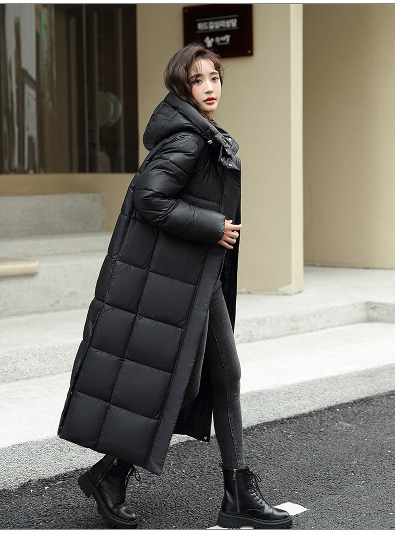 Women's Super Long Down Jacket Winter Puffer Thick Coat Black Red Hooded Zipper Keep Warm Fall Winter Casual Clothes