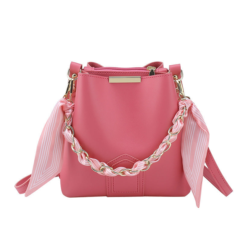 Leather Bucket Tote Bag with Chain Sling Handle