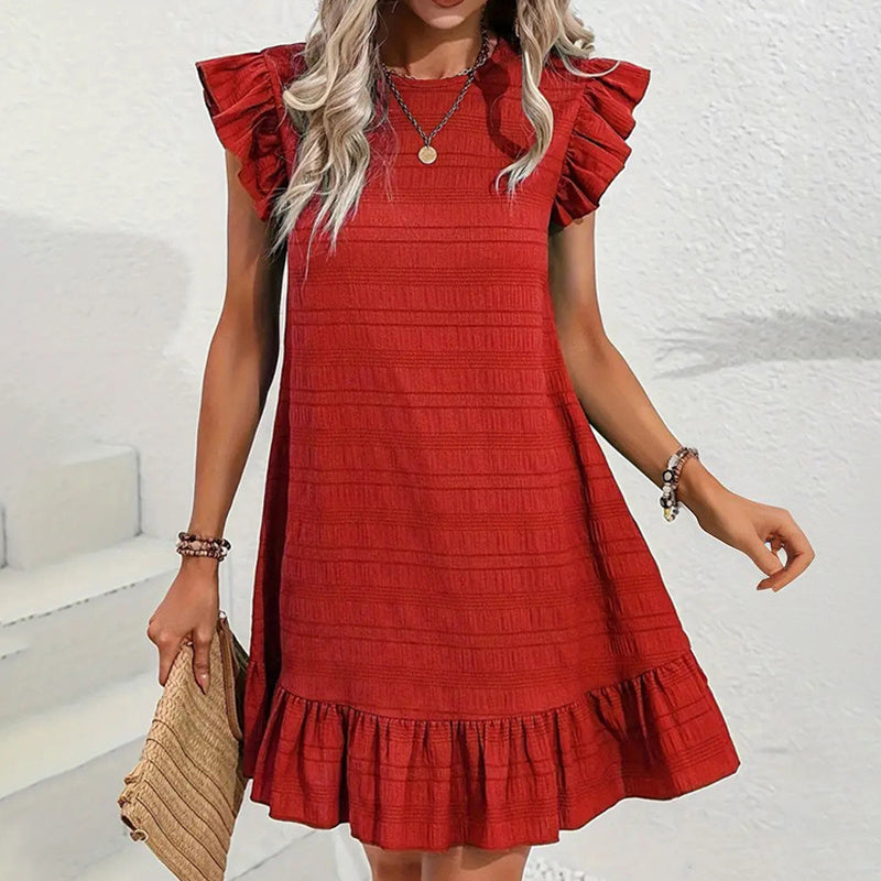 Womens Plus Size Round Neck Solid Dress Falbala Sleeveless Ruffled Summer Dress With Pleated Detail - Free USA Shipping