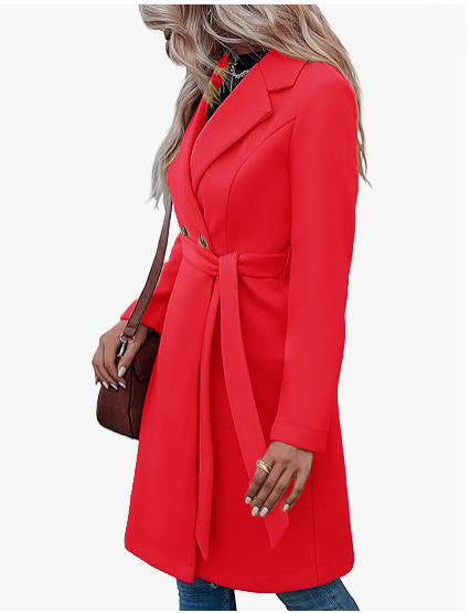 Long Woolen Women's Waist-controlled Lace-up Double Breasted Coat
