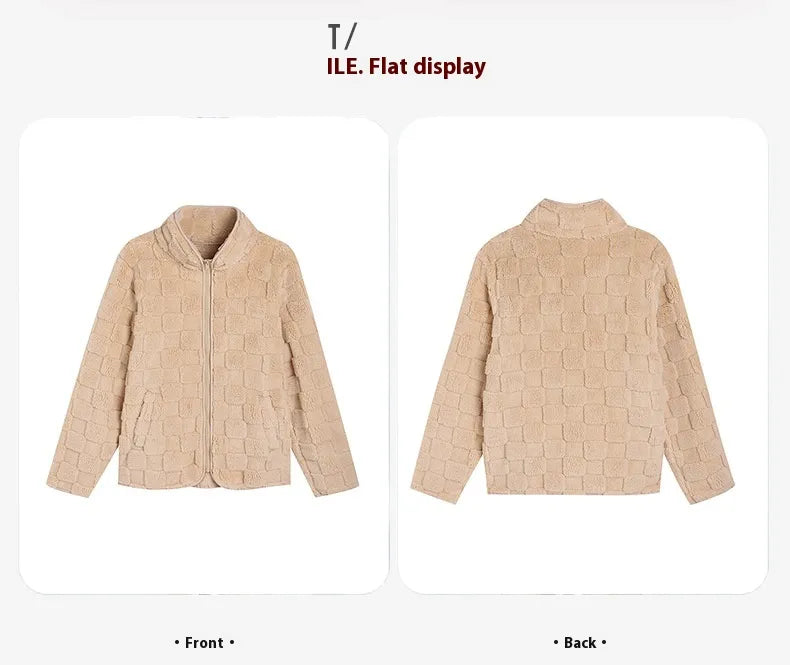 Loose Solid Color Plaid Plush Coat