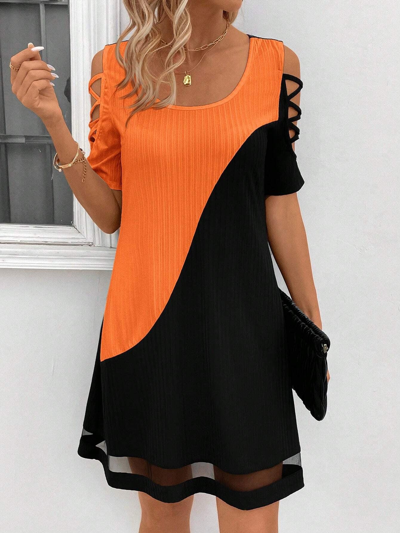 Women's Color Matching Hollow Out Mesh Midi Dress
