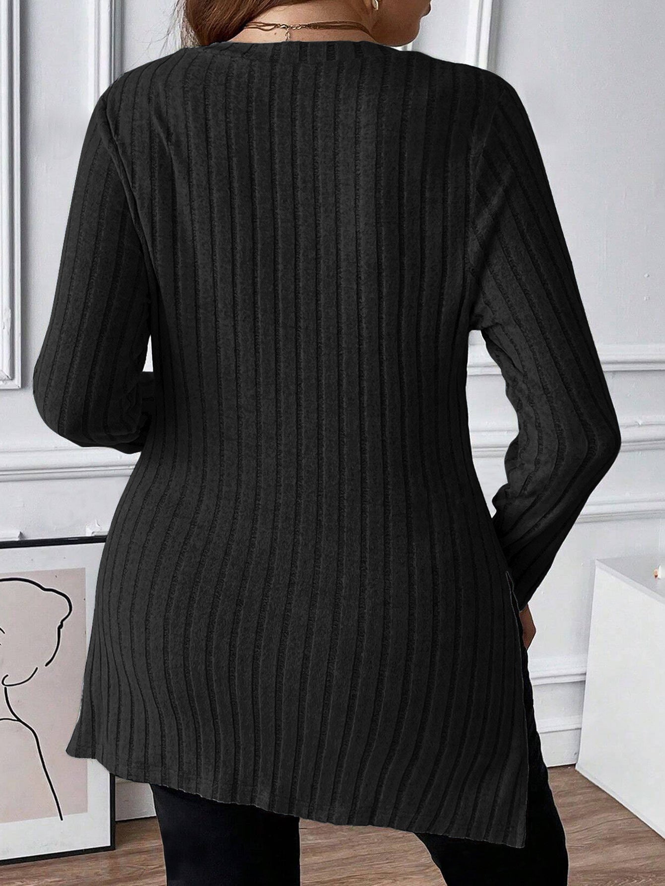 Rib Fabric Brushed Square Collar Long Sleeve Top