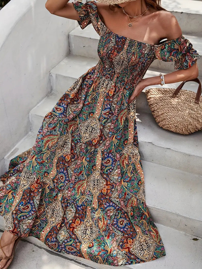 Vacation Style Off-shoulder Princess Sleeves Dress