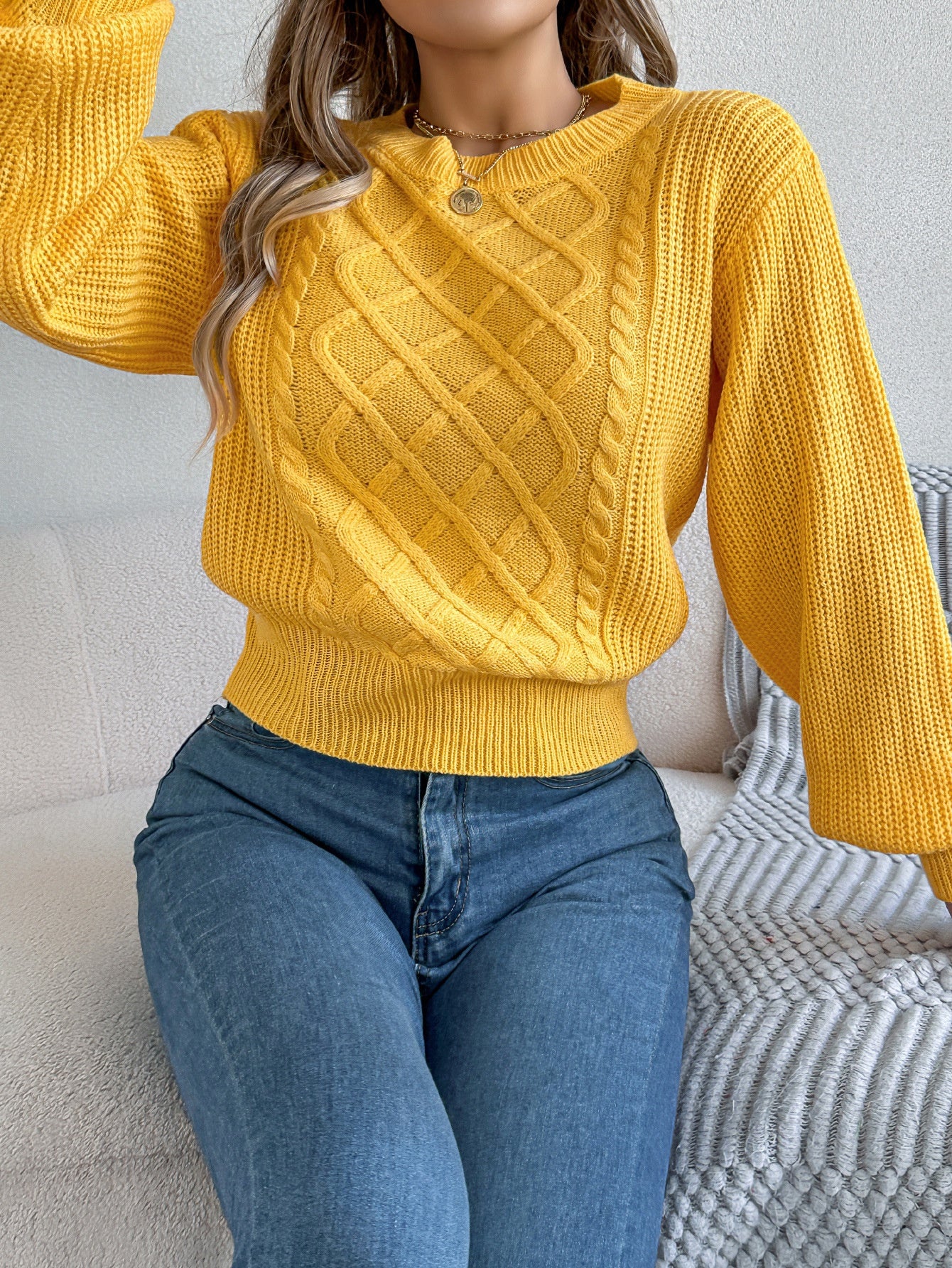 Solid Color Twist Lantern Long Sleeve Fitted Waist Sweater Women's Clothing