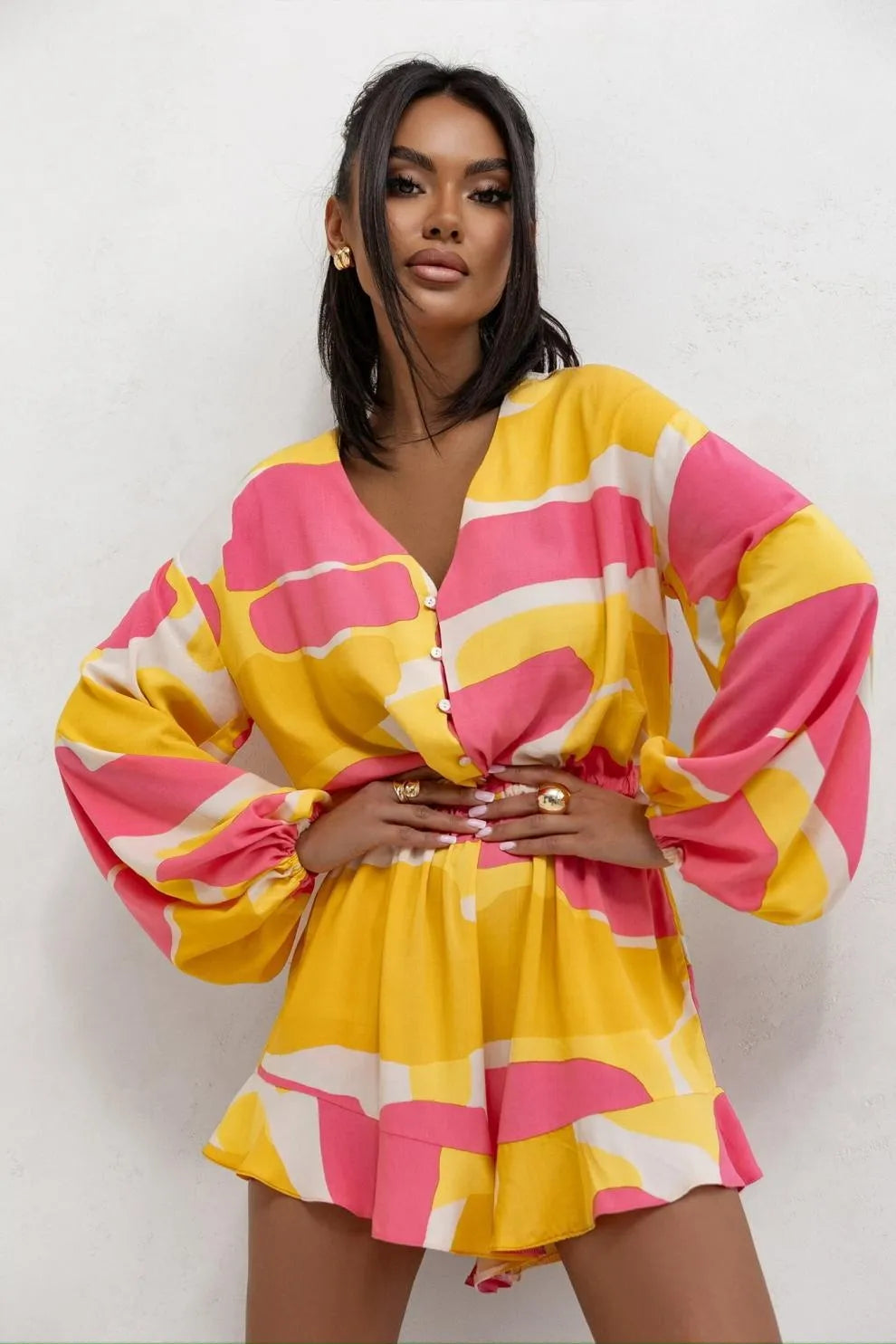 Printed V-neck Long Sleeve Jumpsuit