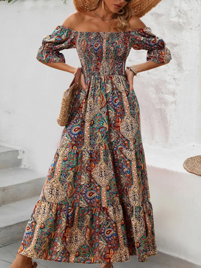 Vacation Style Off-shoulder Princess Sleeves Dress