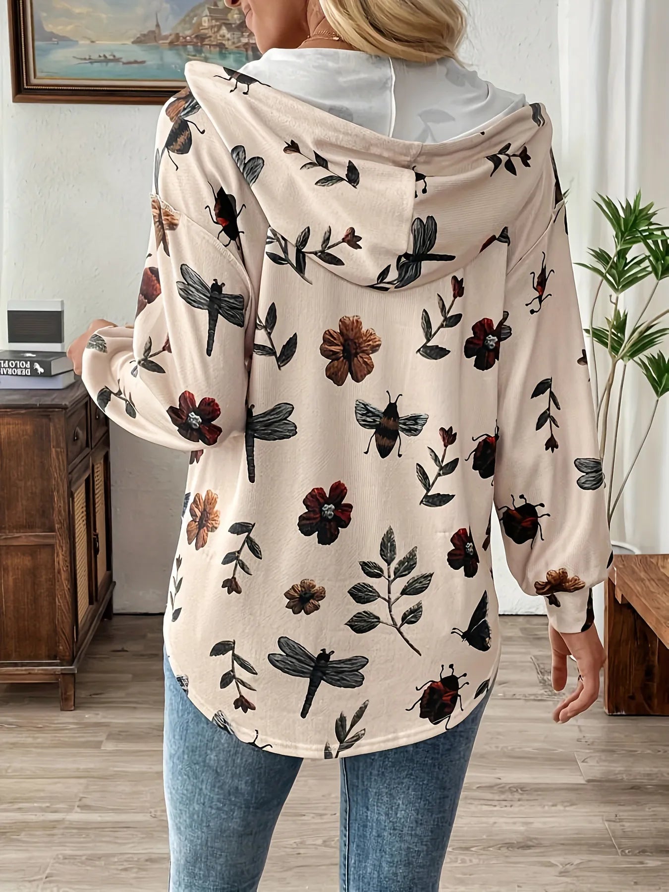 Flower Print Women's Pullover Long Sleeve Hooded Sweater
