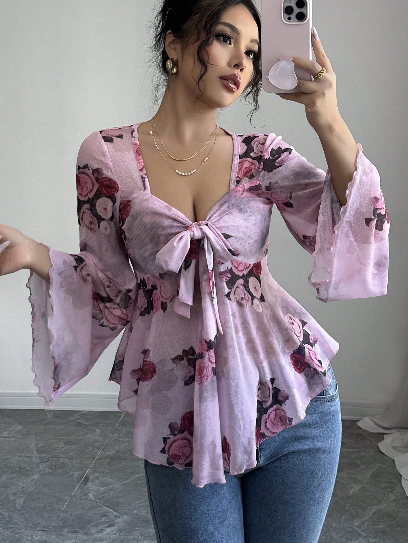 European And American Design Sense French Sweet Flower Blooming Lace-up Square Collar Long Sleeve Shirt