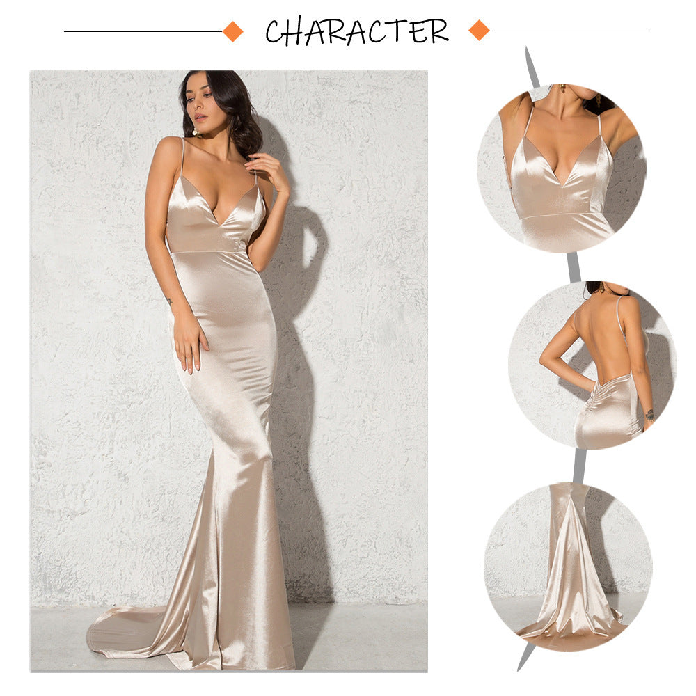 Suspender V-neck And Tail Tail Large Swing Dance Party Dress Long Skirt