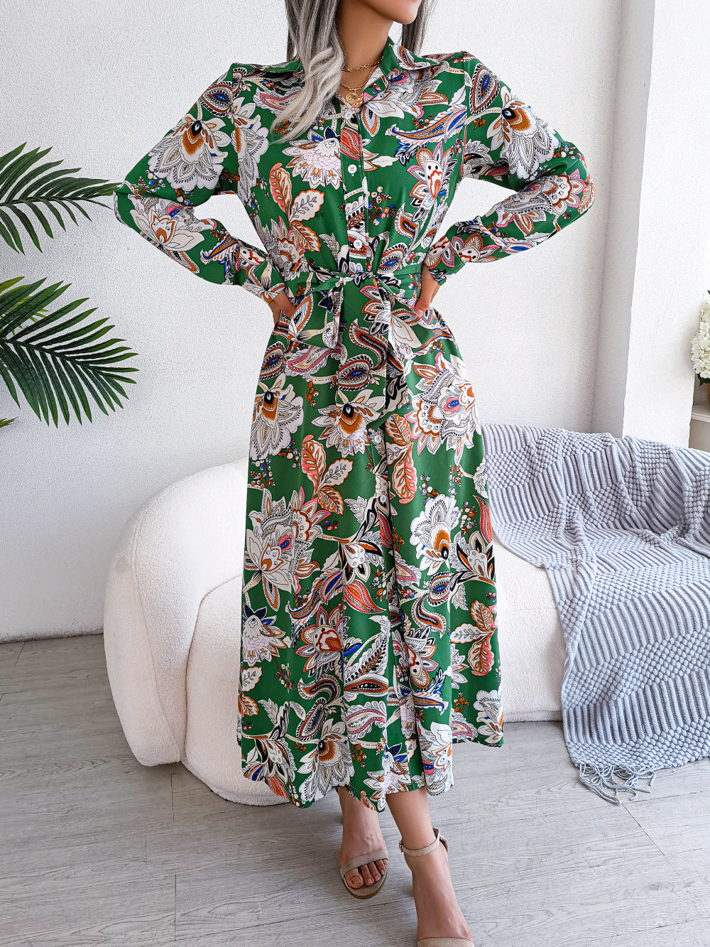 Retro Floral Stand Collar Belted Shirt Dress Long Skirt Women's Fashion Full Sleeve Regular Waistline Ankle-Length