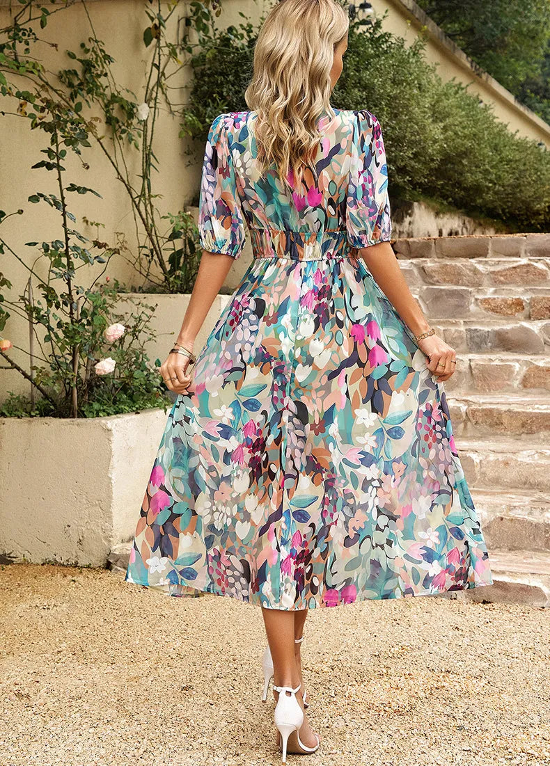 New V-neck Printed Short-sleeved Long Dress Summer Fashion Slim Seaside Vacation Beach Dresses For Women Clothing
