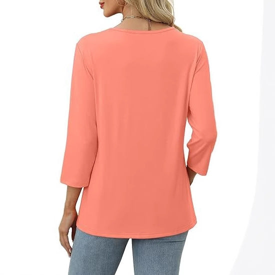 European And American New Autumn Women's Clothing Button V-neck Fashion Casual Sleeve T-shirt
