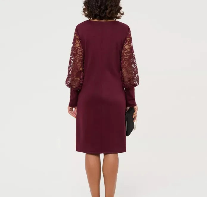 Round Neck Long Sleeve Lace Sleeve Slim Fit Patchwork Dress