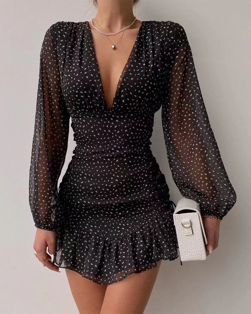 Mid-waist Printed Temperament Commuter Sheath V-neck