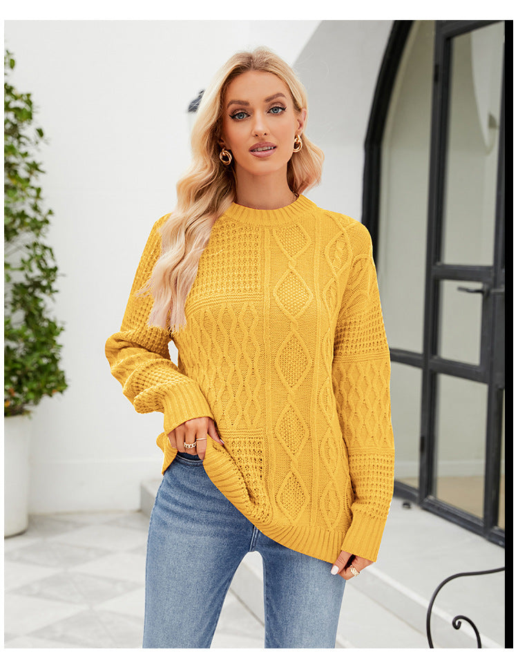 Casual Round-neck Pullover Sweater Fall Winter Solid Color Cable-knot Pattern Tops Women Clothing