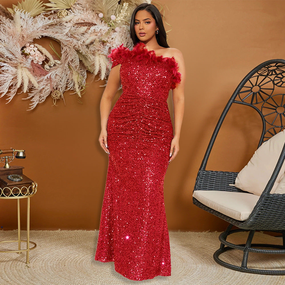 Feather Stitching Sequin Sexy Evening Dress Women
