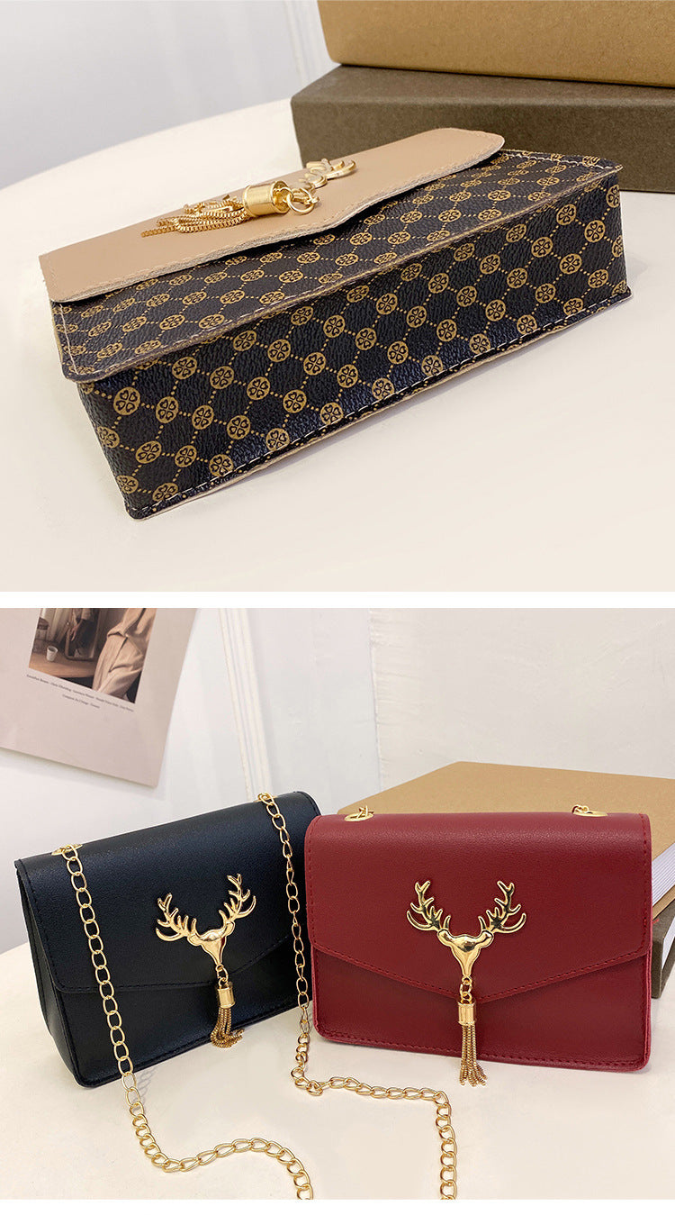 Tassel Deer Head Contrast Color Chain Small Square Leisure Phone Bag