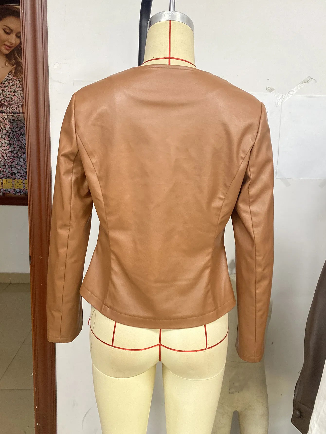 Casual Long-sleeve Solid Color Jacket Motorcycle Leather Coat Tops For Women Outwear