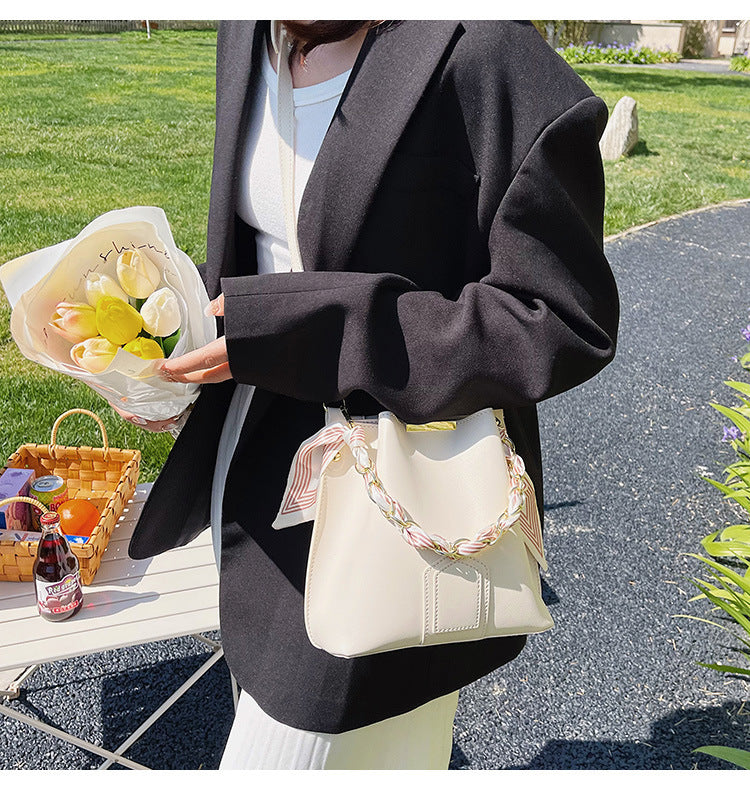 Leather Bucket Tote Bag with Chain Sling Handle