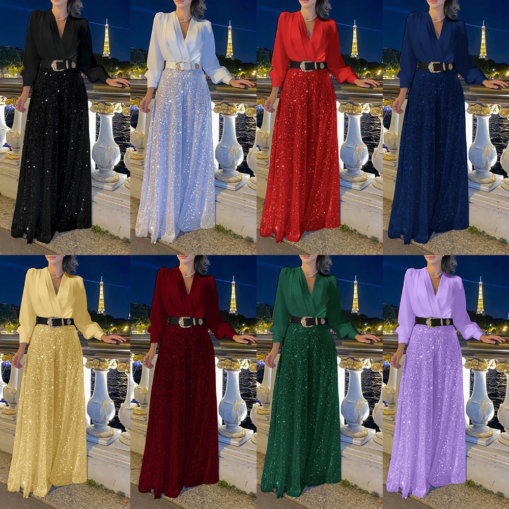 V-neck Elegant Waist Slimming Sequined Ladies