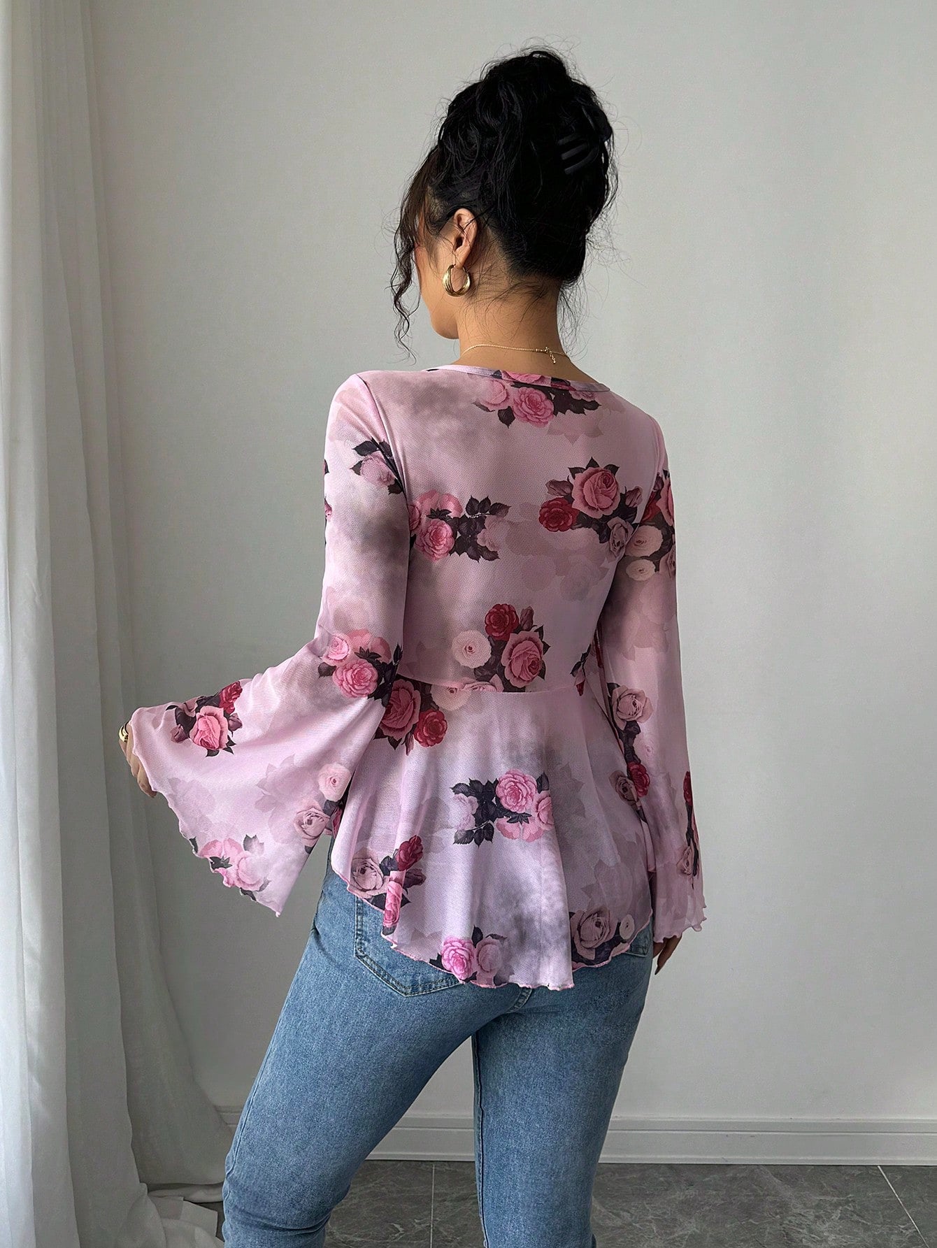 European And American Design Sense French Sweet Flower Blooming Lace-up Square Collar Long Sleeve Shirt