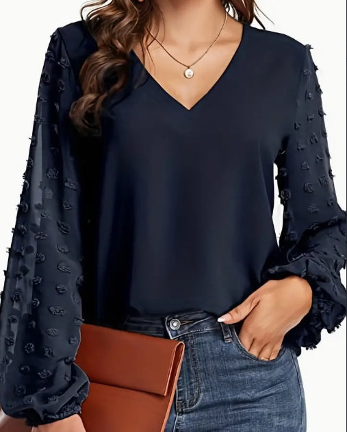 Swiss Dot V Neck Shirt 3PC Set - Soft, Breathable, Casual Solid Shirt For Spring And Fall Season, Women's Clothing With Relaxed Fit And Classic Style