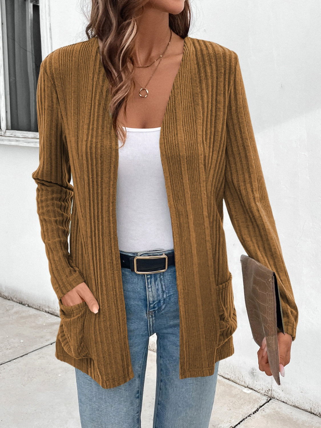 Open Front Long Sleeve Cardigan with Pockets